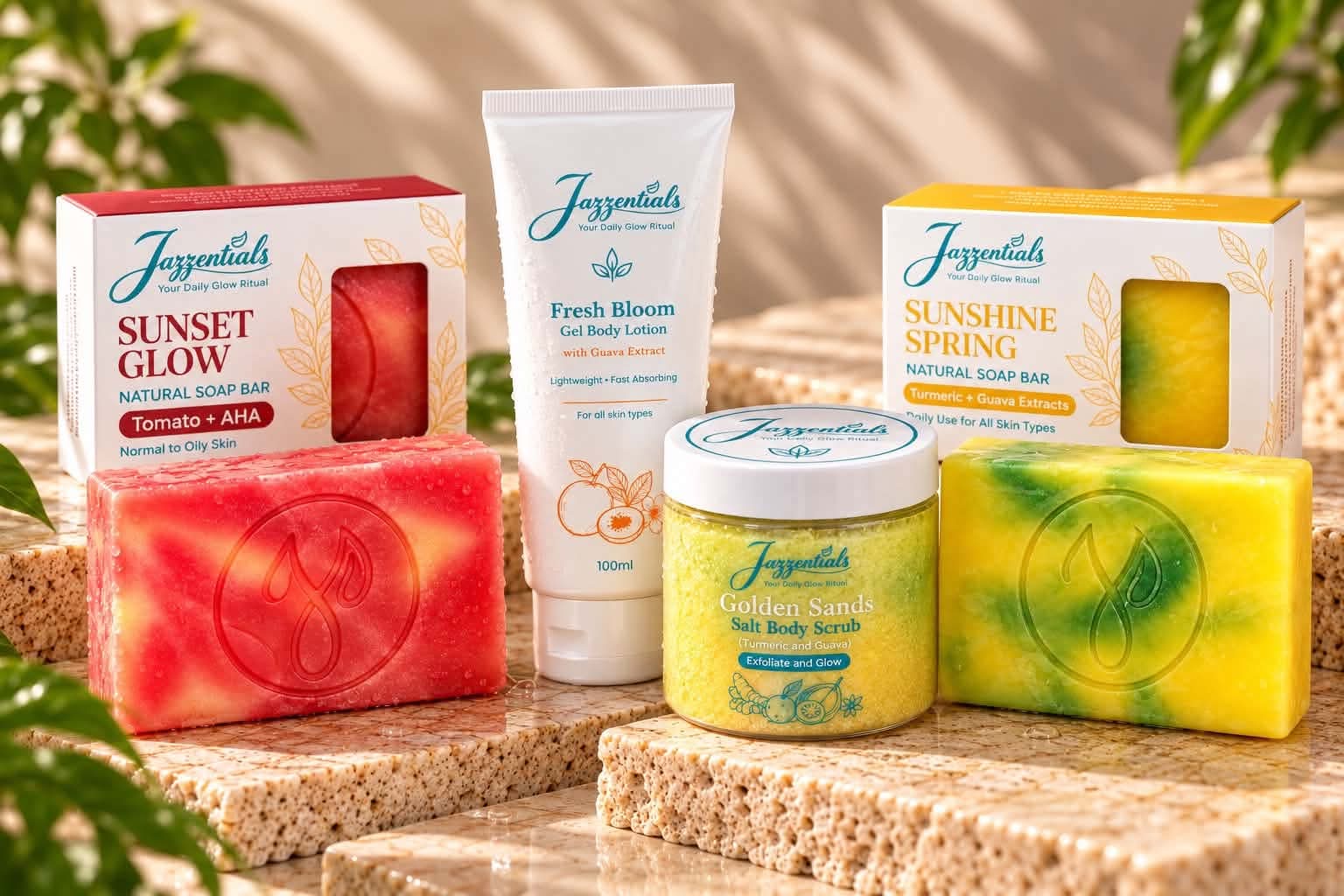 The four Jazzentials products on warm stone steps